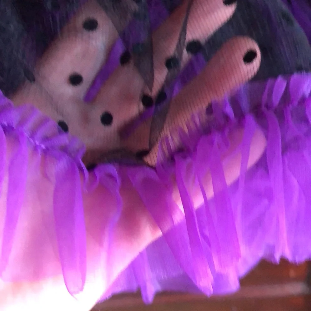 Weissman IC #10908 purple and black faux off shoulder/ ruffle on shoulder&skirt